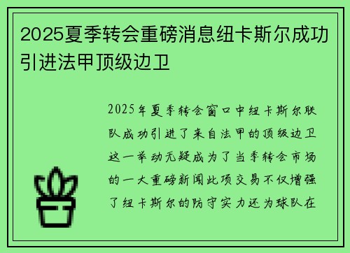 2025夏季转会重磅消息纽卡斯尔成功引进法甲顶级边卫